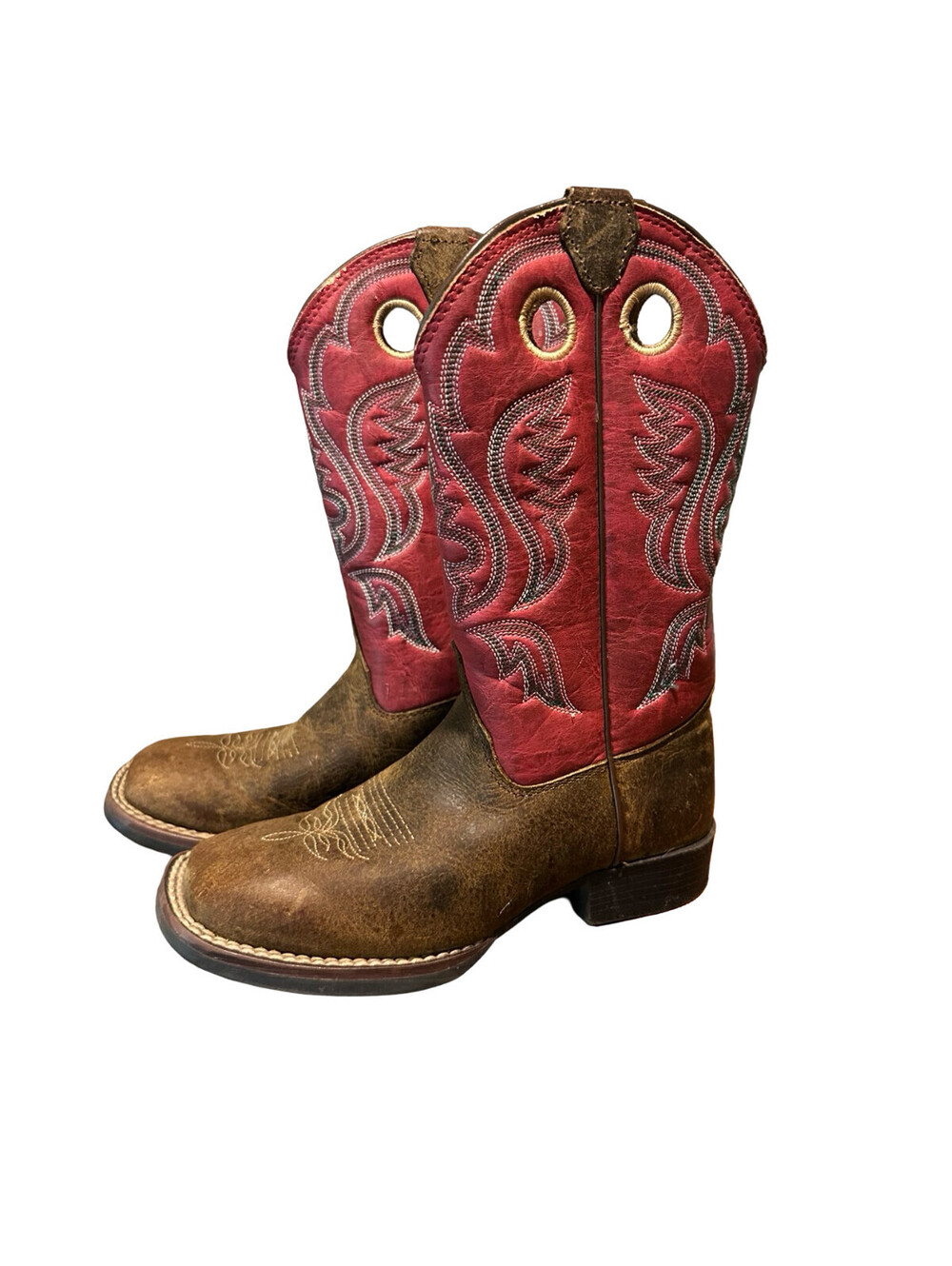 Justin Kids Cowboy Boots Brown Red Leather Square Toe Western Youth Size 11.5